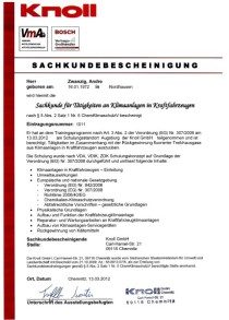Sachkunde für Tätigkeiten an Klimaanlagen in Kraftfahrzeugen